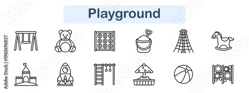 Playground set icon. Swing, teddy bear, tic tac game, sandbox bucket, climbing net, rocking horse, castle, rocket toy, ladder bars, carousel, ball, climbing frame. Children play area visuals