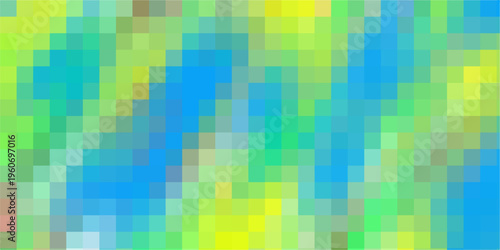 Pixelated abstract background with a vibrant blend of green yellow and blue squares creating a digital mosaic effect for modern graphic design and web backgrounds