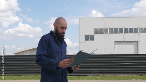 Factory worker checking documents outdoors