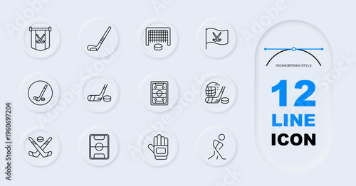 Hockey sport set icon Line style icons display crossed sticks banner, hockey stick, goal net puck, team flag, stick circle, goalie equipment, rink plan, save action, crossed sticks puck, field diagram