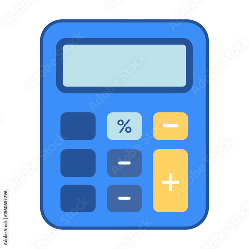 Blue vector calculator icon with percentage and basic arithmetic functions displayed prominently