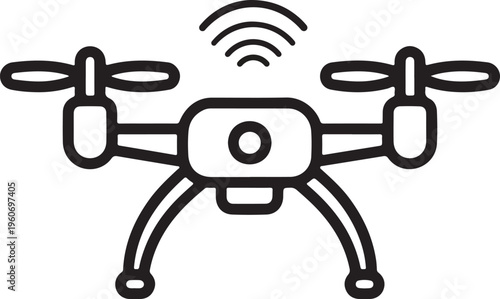 Drone with Wireless Signal Icon, Minimalist Quadcopter Line Art Vector for Remote Control Technology