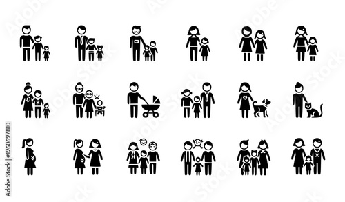 A set of black and white vector icons depicting various family relationships