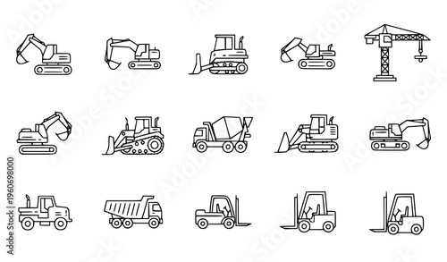 A set of construction vehicles in a minimalist line art style