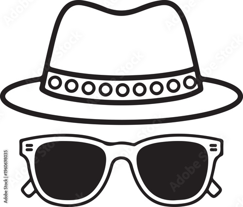 Fedora Hat and Sunglasses Icon Set - Minimalist Summer Fashion Accessories and Incognito Concept Line Art Illustration