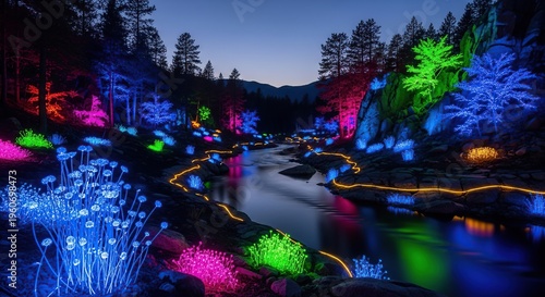 Nighttime River Landscape Illuminated with Colorful Lights.