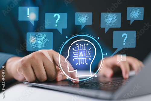 AI hallucinations and incorrect outputs concept with businessman using generative AI on laptop, representing false information, fabricated content, and risks in AI-generated results.