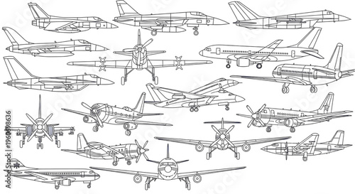 Aircraft AutoCAD Blueprint Vector Set – Multi View Airplane Designs Collage Navy Blue Outline Technical Drawing