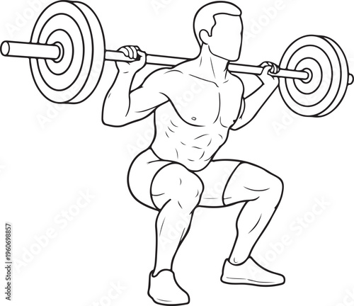 Muscular Man Performing Barbell Squat Line Art, Bodybuilding and Weightlifting Fitness Illustration