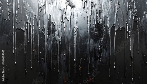 Metallic paint drips cascading down a dark textured surface creating an abstract industrial design