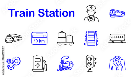 Train station set icon. Driver, train, locomotive, distance, luggage, railway, wagon, gear, fuel, signal, uniform, transport, travel, rail, infrastructure, departure, arrival, route, public, system