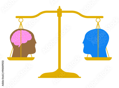 Human and artificial intelligence balanced on the scales of justice, symbolizing ethics, law, and the role of AI in decision making.
