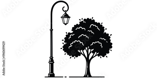 Street scene silhouette, lamppost with lantern, leafy tree, urban park design, nature and infrastructure balance, black and white vector artwork