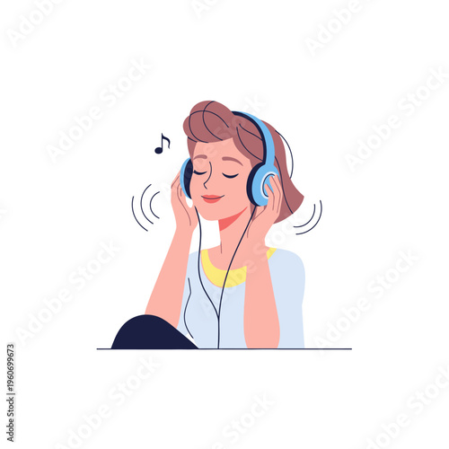 Woman enjoying music with headphones, eyes closed, smiling, isolated on white background