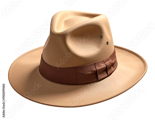 Light tan fedora hat with brown grosgrain band and pinched crown on wide brim