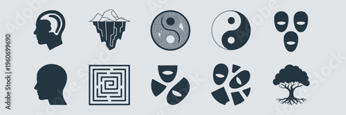 Subconscious mind exploration therapy icons – Great for shadow work journals, psychotherapy, or healing guides.