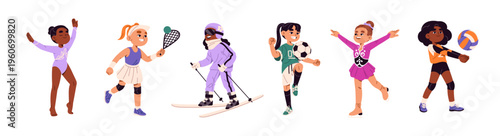 Set of little girls do sports. Happy children play different games: soccer, volleyball, big tennis. Kids do gymnastics, ice skating and skiing. Flat isolated vector illustrations on white background