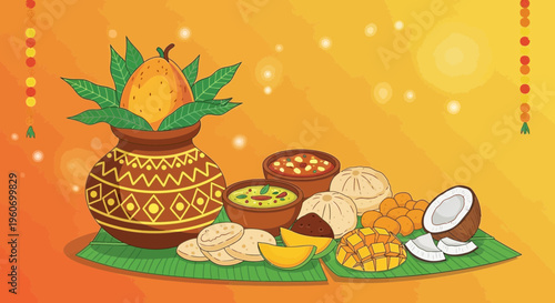 Vibrant festive spread illustration with a ceremonial pot, fresh mangoes, coconuts, and cultural delicacies, symbolizing abundance, prosperity, and joyous celebration