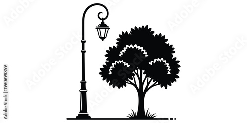Street scene silhouette, ornate lamppost, hanging lantern, leafy tree, urban park design, outdoor environment, balanced composition, black and white vector artwork