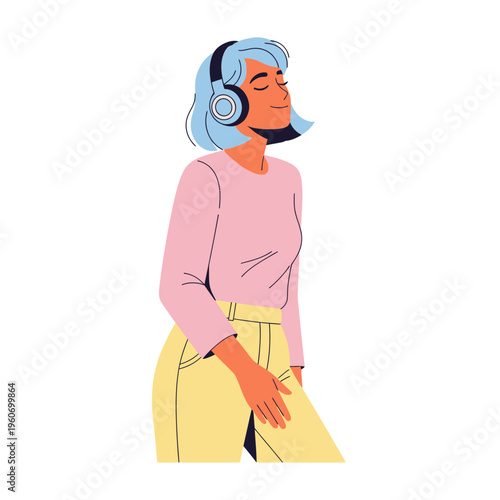 Woman with blue hair listening to music on headphones, eyes closed, enjoying sound