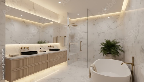 A modern bathroom with a freestanding tub, double vanity, and glass shower enclosure in a luxurious marble setting.