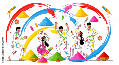 Joyful group of friends and family celebrating the vibrant Indian Holi Festival, throwing colorful powder and embracing the spirit of happiness and togetherness