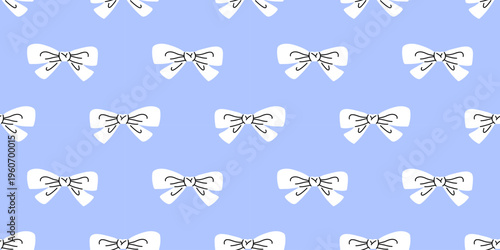 Vector seamless pattern with white hand drawn ribbon bow on soft periwinkle blue background. Cute coquette aesthetic repeat print for fabric, gift wrapping paper, stationery and digital wallpaper.