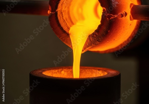 Molten metal pouring into a crucible in an industrial setting with warm lighting