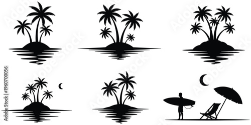 Tropical beach silhouette, palm trees, island scene, crescent moon, surfboard figure, vacation concept, seaside relaxation, black vector artwork, summer design