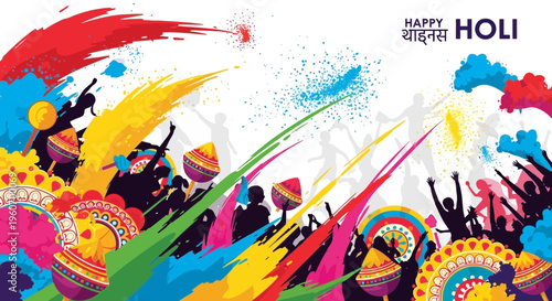 Vibrant and Dynamic Indian Festival of Colors Celebration, Featuring Abstract Paint Splashes and Silhouetted Crowds Expressing Joy and Togetherness