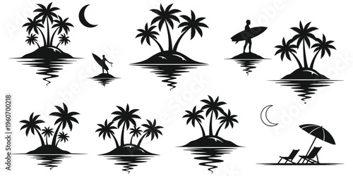 Tropical island silhouettes, palm trees, crescent moon, surfer with surfboard, beach umbrella, vacation concept, seaside relaxation, black vector artwork