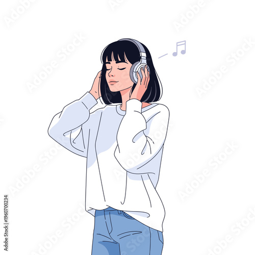 Young Woman Listening to Music with Headphones, Relaxing and Enjoying Sound