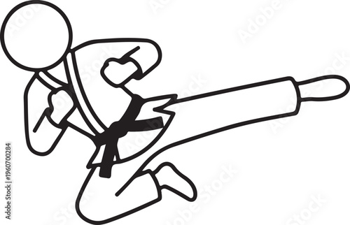 Martial Arts Side Kick Action Stick Figure in Gi Line Art Vector