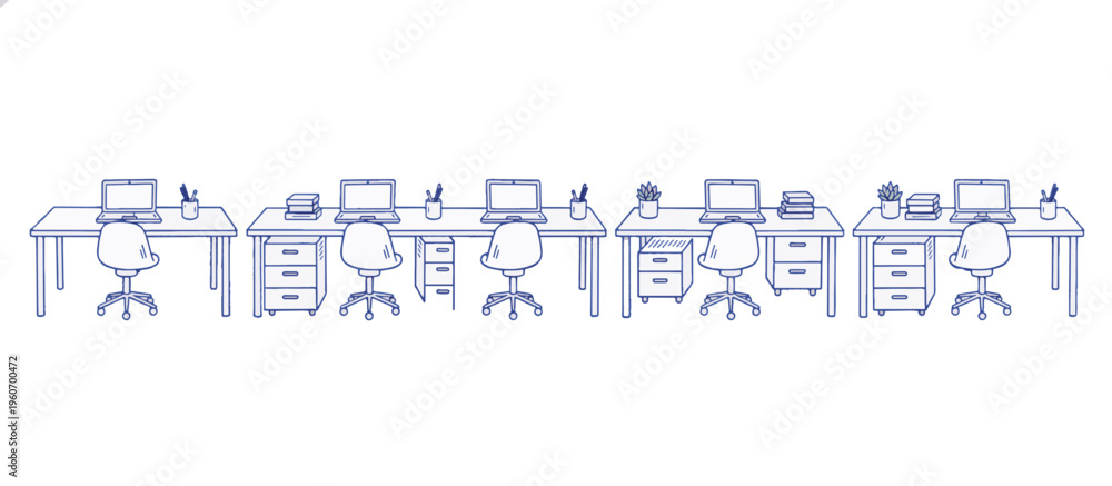 Fototapeta premium Clean office desks and workstations line art. Minimalist vector illustration of organized workspace. Avoidance and procrastination concept isolated on transparent background