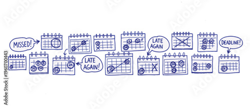 Procrastination and missed deadlines calendar set. Hand-drawn doodle style vector illustration. Time management and scheduling concept isolated on transparent background
