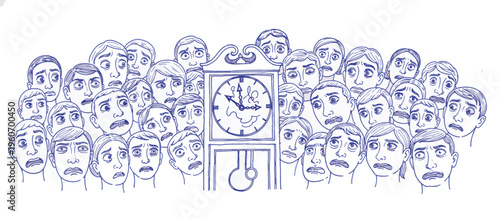 Anxious people looking at a clock. Hand-drawn line art illustration of time pressure and procrastination. Vector sketch isolated on transparent background