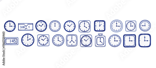 Late night clocks and time management icons. Hand-drawn doodle style vector illustration. Overtime and deadline pressure concept isolated on transparent background