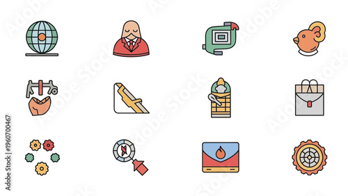 Collection of colorful business and technology icons including globe camera shopping bag and more on white background