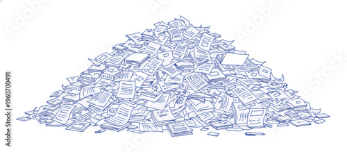 Overwhelming pile of messy documents and papers. Vector illustration of disorganized paperwork mountain. Hand-drawn line art concept of work backlog and procrastination