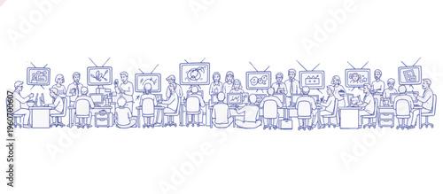 People watching television instead of working. Line art vector illustration of procrastination and media distraction. Office workers distracted by screens isolated on transparent background