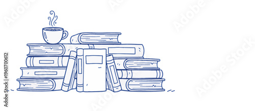 Stack of unopened textbooks with a coffee cup. Procrastination and study break concept. Blue line art vector illustration isolated on transparent background