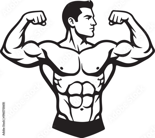 Strong Bodybuilder Man Flexing Muscles Vector Illustration