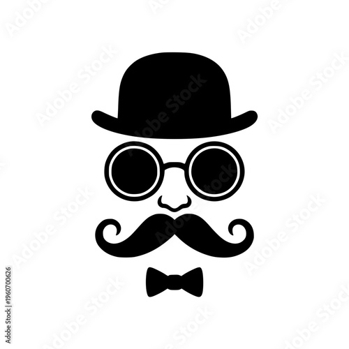Gentleman character icon with bowler hat round glasses and mustache in hipster style.