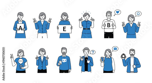 Collection of diverse business people showing various gestures like okay signs holding letters or engaging in communication bubbles for selection or feedback processes