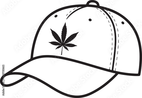 Baseball Cap with Marijuana Leaf Logo - Cannabis Culture Line Art Vector Illustration