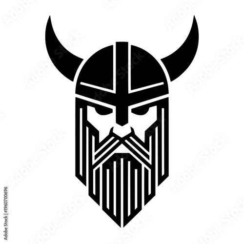 A strong viking warrior head illustration featuring a horned helmet and geometric line art beard.