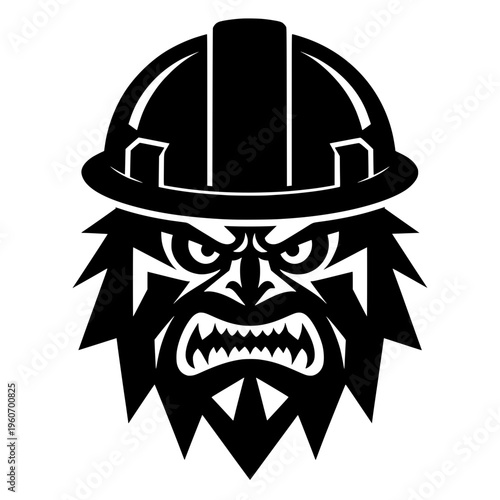 Angry bearded monster face with construction safety helmet vector illustration.
