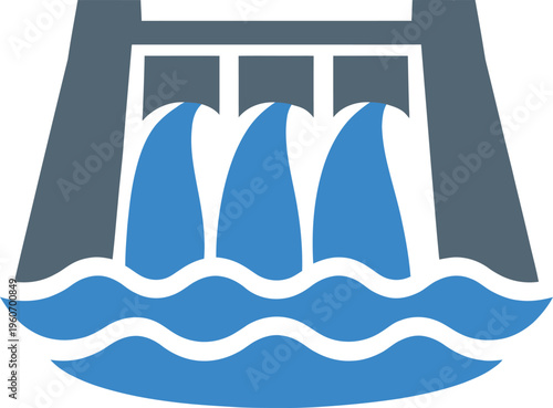 Hydroelectric Dam Water Flow blue waves gray structure white background