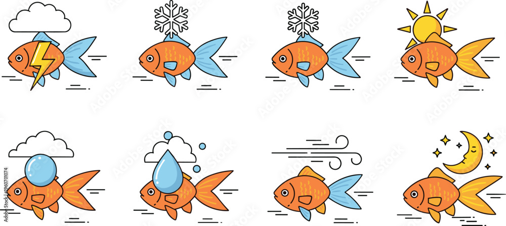 Naklejka premium Fish environmental effects illustration set showing temperature weather and day night changes impacting aquatic life in flat cartoon style isolated on white background
