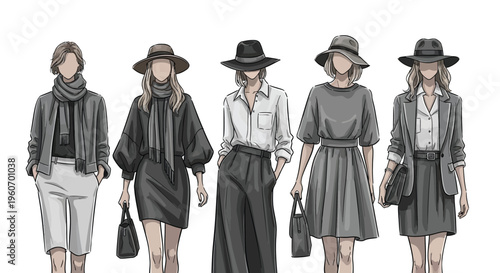 Diverse collection of five female fashion illustrations showcasing monochromatic gray and white stylish outfits suitable for various sophisticated urban ensembles